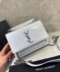 Replica Saint Laurent YSL Sunset Chain Wallet In Shiny Crocodile-embossed Leather 533026 White