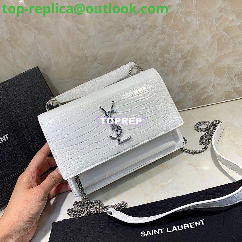 Replica Saint Laurent YSL Sunset Chain Wallet In Shiny Crocodile-embossed Leather 533026 White Replica Saint Laurent YSL Sunset Chain Wallet In Shiny Crocodile-embossed Leather 533026 White