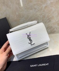 Replica Saint Laurent YSL Sunset Chain Wallet In Shiny Crocodile-embossed Leather 533026 White 2