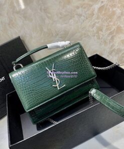 Replica Saint Laurent YSL Sunset Chain Wallet In Shiny Crocodile-embossed Leather 533026 Green