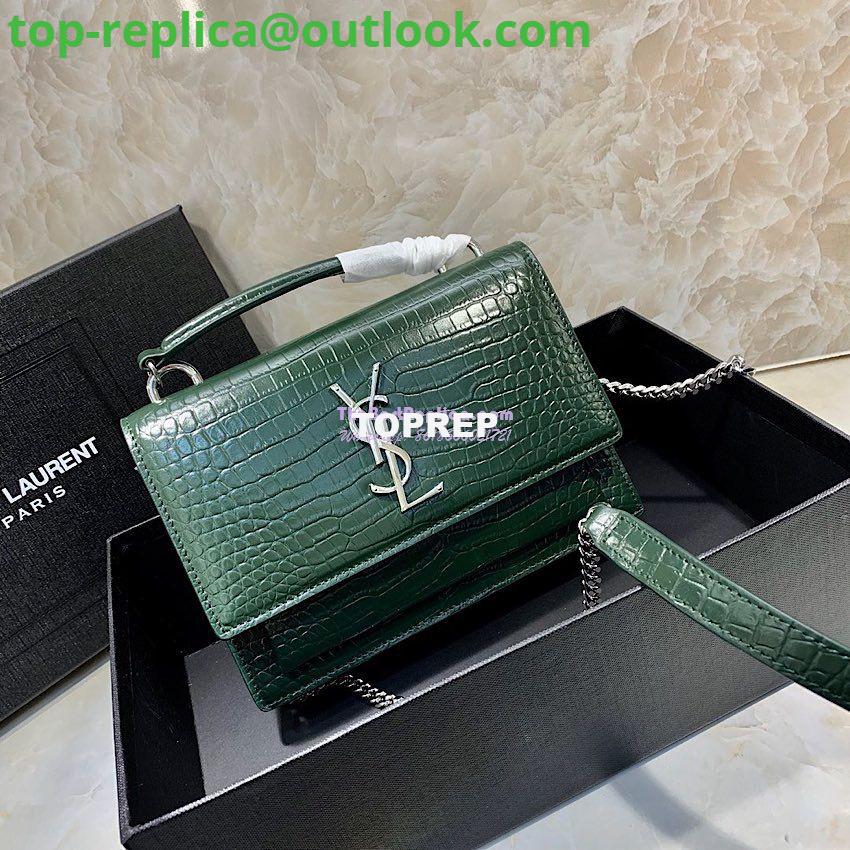 Replica Saint Laurent YSL Sunset Chain Wallet In Shiny Crocodile-embossed Leather 533026 Green Replica Saint Laurent YSL Sunset Chain Wallet In Shiny Crocodile-embossed Leather 533026 Green