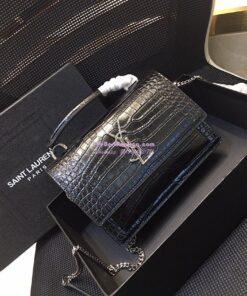 Replica Saint Laurent YSL Sunset Chain Wallet In Shiny Crocodile-embossed Leather 533026 Black