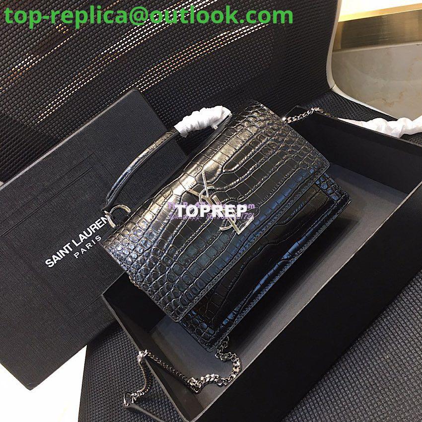 Replica Saint Laurent YSL Sunset Chain Wallet In Shiny Crocodile-embossed Leather 533026 Black Replica Saint Laurent YSL Sunset Chain Wallet In Shiny Crocodile-embossed Leather 533026 Black
