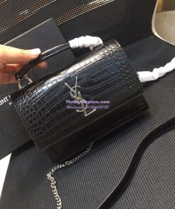 Replica Saint Laurent YSL Sunset Chain Wallet In Shiny Crocodile-embossed Leather 533026 Black 2