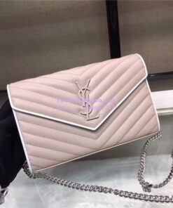 Replica YSL Saint Laurent Monogram Chain Wallet Grain De Poudre Rose in Rose Hardware