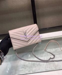 Replica YSL Saint Laurent Envelope Chain Wallet Grain De Poudre Rose in Silver Hardware 2