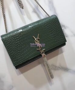 Replica YSL Classic Medium Kate Monogram Saint Laurent Tassel Satchel In Green Crocodile Embossed Shiny Leather 354119 in Silver hardware