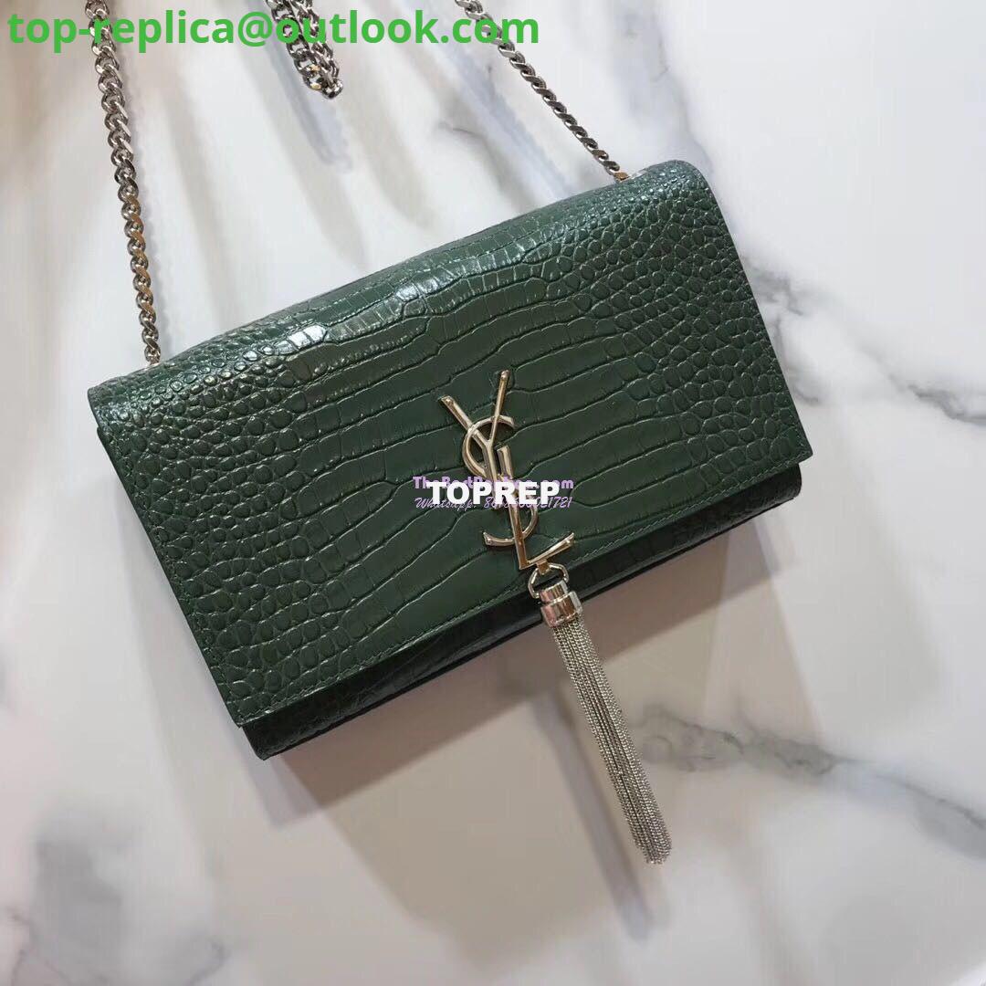 Replica YSL Classic Medium Kate Monogram Saint Laurent Tassel Satchel In Green Crocodile Embossed Shiny Leather 354119 in Silver hardware Replica YSL Classic Medium Kate Monogram Saint Laurent Tassel Satchel In Green Crocodile Embossed Shiny Leather 354119 in Silver hardware