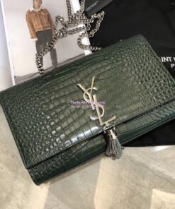 Replica YSL Classic Medium Kate Monogram Saint Laurent Tassel Satchel In Green Crocodile Embossed Shiny Leather 354119 in Silver hardware 2