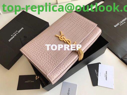 Replica YSL Classic Medium Kate Monogram Saint Laurent Tassel Satchel In Pink Crocodile Embossed Shiny Leather 354119 in gold hardware 7