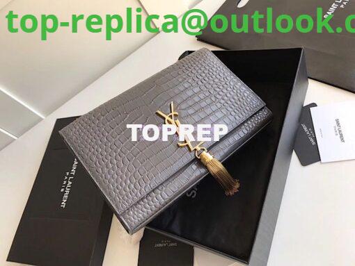 Replica YSL Classic Medium Kate Monogram Saint Laurent Tassel Satchel In Grey Crocodile Embossed Shiny Leather 354119 in gold hardware 8