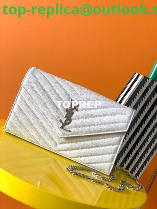 Replica YSL Saint Laurent Monogram Chain Wallet Grain De Poudre White in Silver Hardware 3