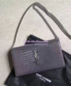 Replica YSL Monogram Saint Laurent Chain Wallet In Grey Crocodile Embossed Shiny Leather 442015