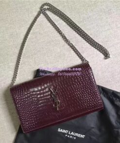 Replica YSL Monogram Saint Laurent Chain Wallet In Wine Red Crocodile Embossed Shiny Leather 442015