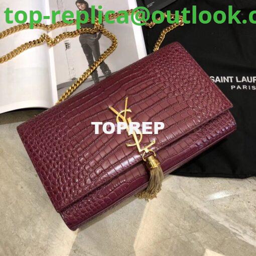 Replica YSL Classic Medium Kate Monogram Saint Laurent Tassel Satchel In Dark Red Crocodile Embossed Shiny Leather 354119 in gold hardware