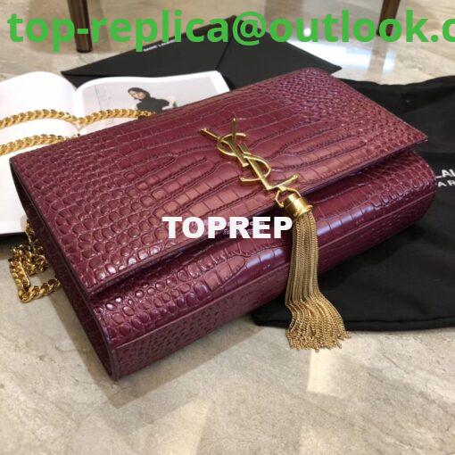 Replica YSL Classic Medium Kate Monogram Saint Laurent Tassel Satchel In Dark Red Crocodile Embossed Shiny Leather 354119 in gold hardware 3