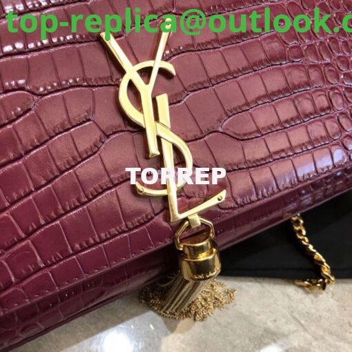 Replica YSL Classic Medium Kate Monogram Saint Laurent Tassel Satchel In Dark Red Crocodile Embossed Shiny Leather 354119 in gold hardware 4