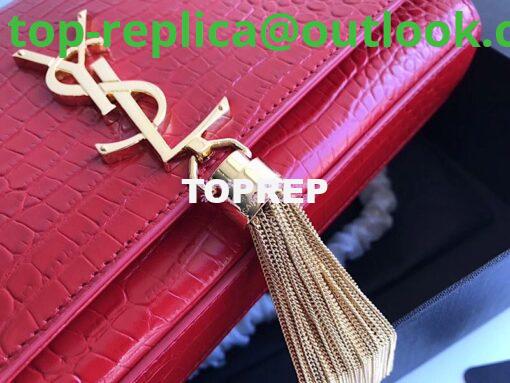 Replica YSL Classic Medium Kate Monogram Saint Laurent Tassel Satchel In Red Crocodile Embossed Shiny Leather 354119 in gold hardware 3