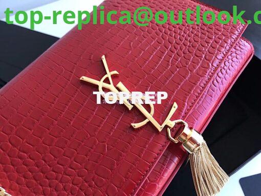 Replica YSL Classic Medium Kate Monogram Saint Laurent Tassel Satchel In Red Crocodile Embossed Shiny Leather 354119 in gold hardware 5