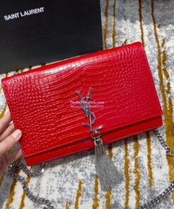 Replica YSL Classic Medium Kate Monogram Saint Laurent Tassel Satchel In Red Crocodile Embossed Shiny Leather 354119 2