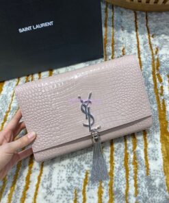 Replica YSL Classic Medium Kate Monogram Saint Laurent Tassel Satchel In Pink Crocodile Embossed Shiny Leather 354119 2