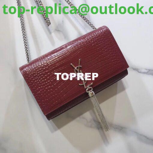 Replica YSL Classic Medium Kate Monogram Saint Laurent Tassel Satchel In Dark Red Crocodile Embossed Shiny Leather 354119