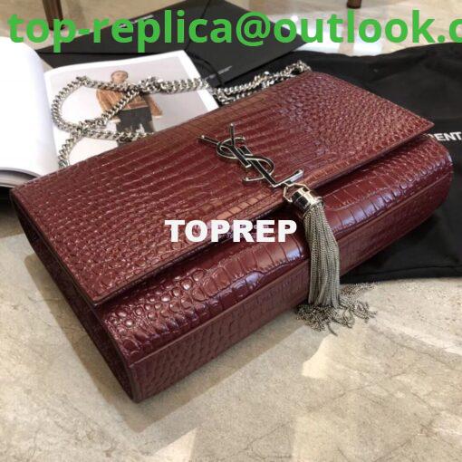 Replica YSL Classic Medium Kate Monogram Saint Laurent Tassel Satchel In Dark Red Crocodile Embossed Shiny Leather 354119 4