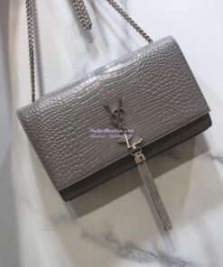 Replica YSL Classic Medium Kate Monogram Saint Laurent Tassel Satchel In Grey Crocodile Embossed Shiny Leather 354119