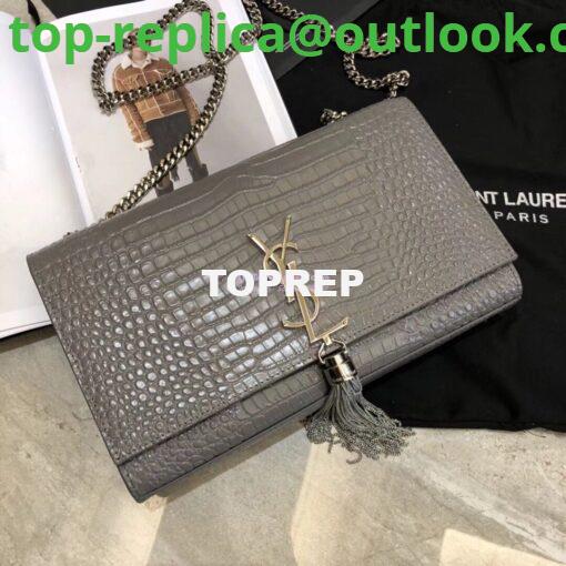 Replica YSL Classic Medium Kate Monogram Saint Laurent Tassel Satchel In Grey Crocodile Embossed Shiny Leather 354119 2