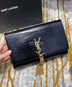 Replica YSL Classic Medium Kate Monogram Saint Laurent Tassel Satchel In Black Crocodile Embossed Shiny Leather 354119 2