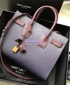 Replica YSL Yves Saint Laurent Classic Small Sac De Jour Bag In Dark Blue Grained Leather with Claret Red Handle