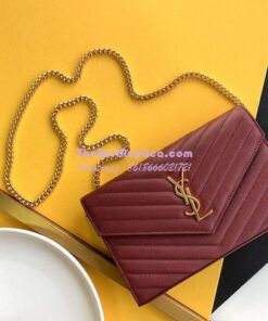 Replica YSL Saint Laurent Monogram Chain Wallet Grain De Poudre Textured Matelasse Leather Wine 2