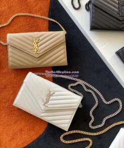 Replica YSL Saint Laurent Monogram Chain Wallet Grain De Poudre Textured Matelasse Leather Beige