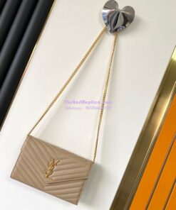 Replica YSL Saint Laurent Monogram Chain Wallet Grain De Poudre Textured Matelasse Leather Beige 2