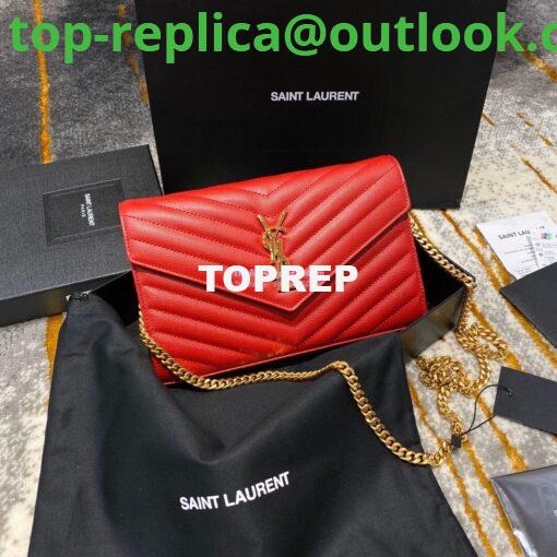 Replica YSL Saint Laurent Monogram Chain Wallet Grain De Poudre Textured Matelasse Leather Red