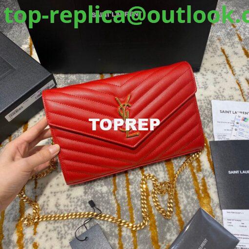 Replica YSL Saint Laurent Monogram Chain Wallet Grain De Poudre Textured Matelasse Leather Red 2