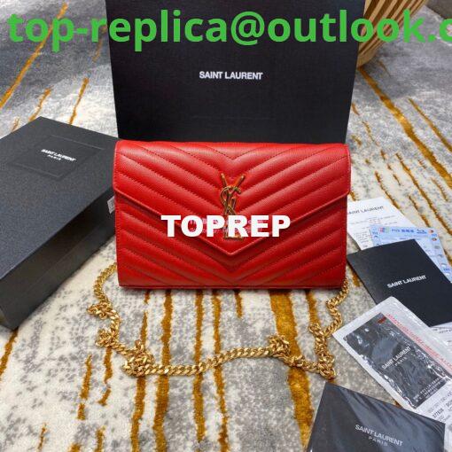 Replica YSL Saint Laurent Monogram Chain Wallet Grain De Poudre Textured Matelasse Leather Red 3