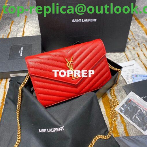 Replica YSL Saint Laurent Monogram Chain Wallet Grain De Poudre Textured Matelasse Leather Red 4