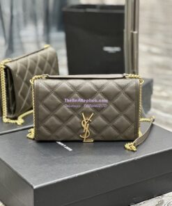 Replica YSL Saint Laurent Becky Chain Wallet In Diamond-quilted Lambskin 5850311 Grey Khaki