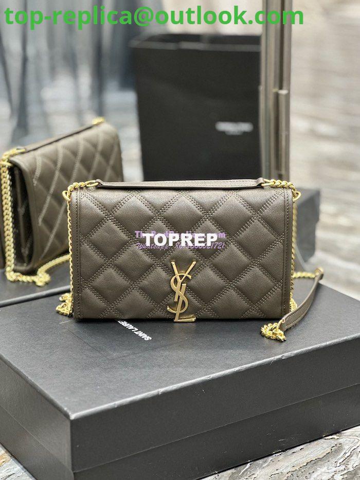 Replica YSL Saint Laurent Becky Chain Wallet In Diamond-quilted Lambskin 5850311 Grey Khaki Replica YSL Saint Laurent Becky Chain Wallet In Diamond-quilted Lambskin 5850311 Grey Khaki