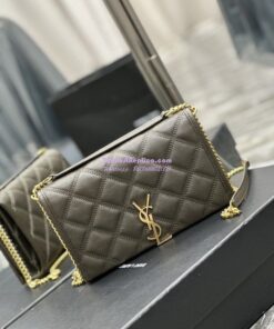 Replica YSL Saint Laurent Becky Chain Wallet In Diamond-quilted Lambskin 5850311 Grey Khaki 2