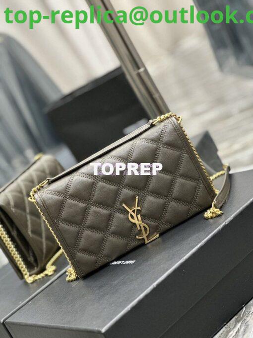 Replica YSL Saint Laurent Becky Chain Wallet In Diamond-quilted Lambskin 5850311 Grey Khaki 2