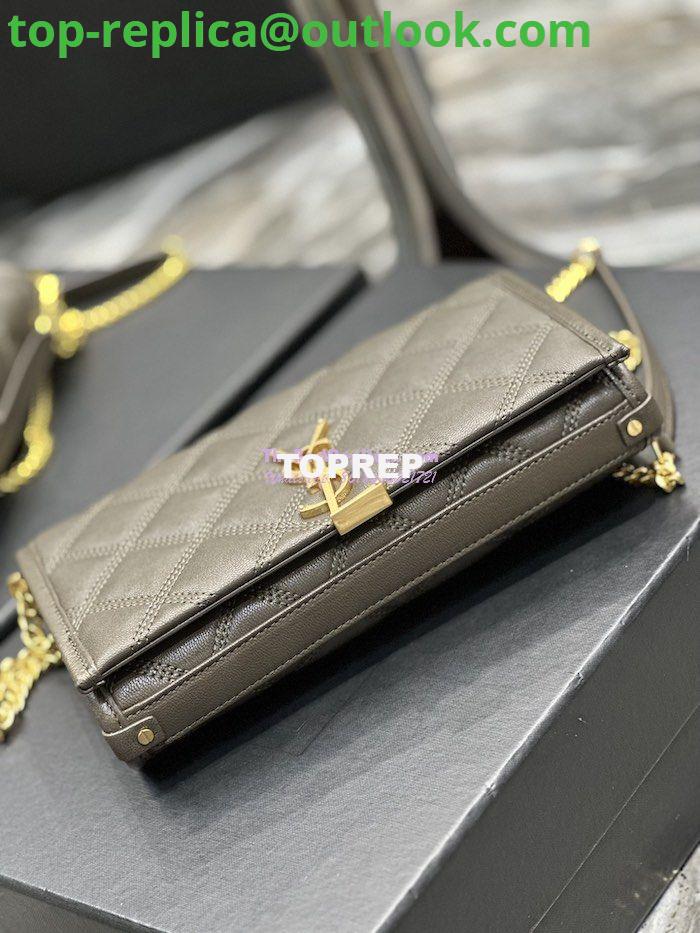 Replica YSL Saint Laurent Becky Chain Wallet In Diamond-quilted Lambskin 5850311 Grey Khaki 9 Replica YSL Saint Laurent Becky Chain Wallet In Diamond-quilted Lambskin 5850311 Grey Khaki 9
