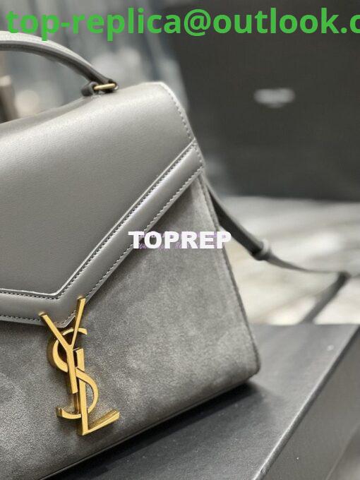 Replica YSL Saint Laurent Cassandra Medium Top Handle In Box Leather And Suede 578000 Storm Grey 5