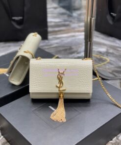 Replica YSL Saint Laurent Kate Chain Wallet With Tassel In Crocodile-embossed Shiny Leather 452159 Blanc Gold Hardware