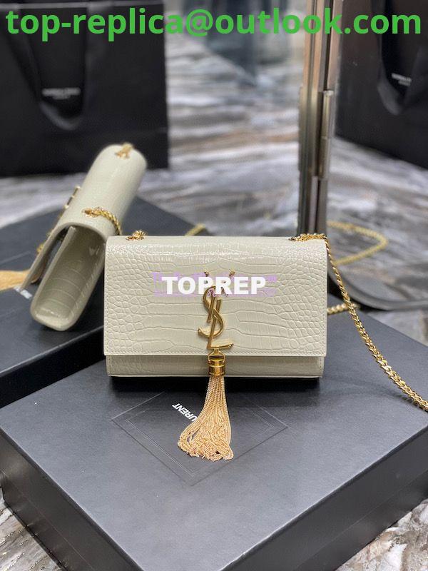 Replica YSL Saint Laurent Kate Chain Wallet With Tassel In Crocodile-embossed Shiny Leather 452159 Blanc Gold Hardware Replica YSL Saint Laurent Kate Chain Wallet With Tassel In Crocodile-embossed Shiny Leather 452159 Blanc Gold Hardware