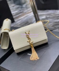 Replica YSL Saint Laurent Kate Chain Wallet With Tassel In Crocodile-embossed Shiny Leather 452159 Blanc Gold Hardware 2