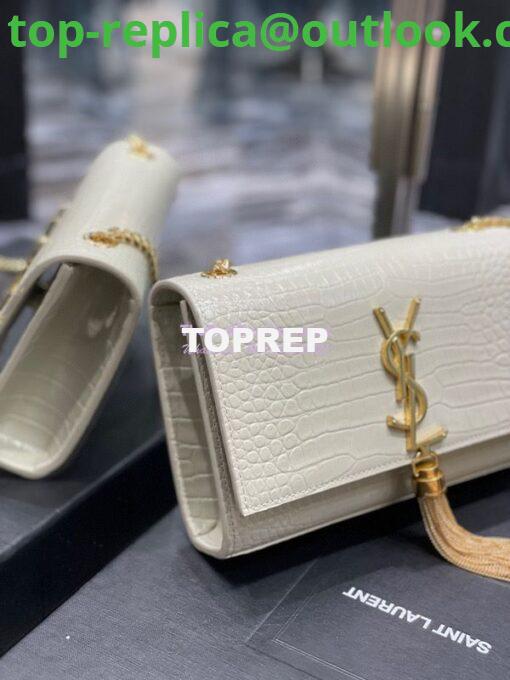 Replica YSL Saint Laurent Kate Chain Wallet With Tassel In Crocodile-embossed Shiny Leather 452159 Blanc Gold Hardware 3