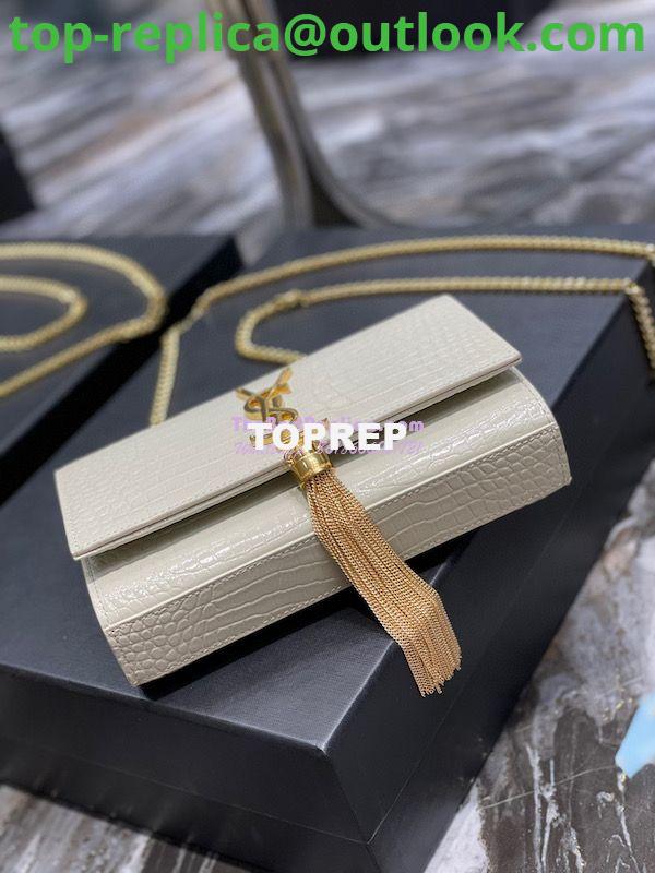 Replica YSL Saint Laurent Kate Chain Wallet With Tassel In Crocodile-embossed Shiny Leather 452159 Blanc Gold Hardware 9 Replica YSL Saint Laurent Kate Chain Wallet With Tassel In Crocodile-embossed Shiny Leather 452159 Blanc Gold Hardware 9