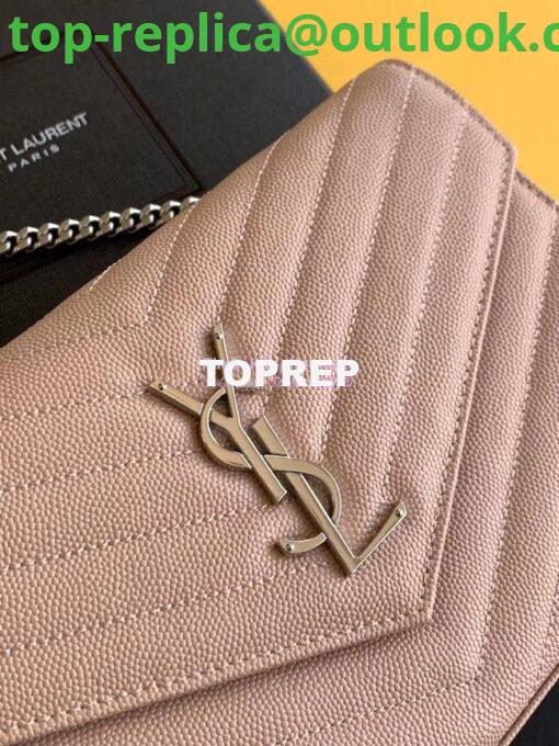 Replica YSL Saint Laurent Monogram Chain Wallet Grain De Poudre Rose in Silver Hardware 3